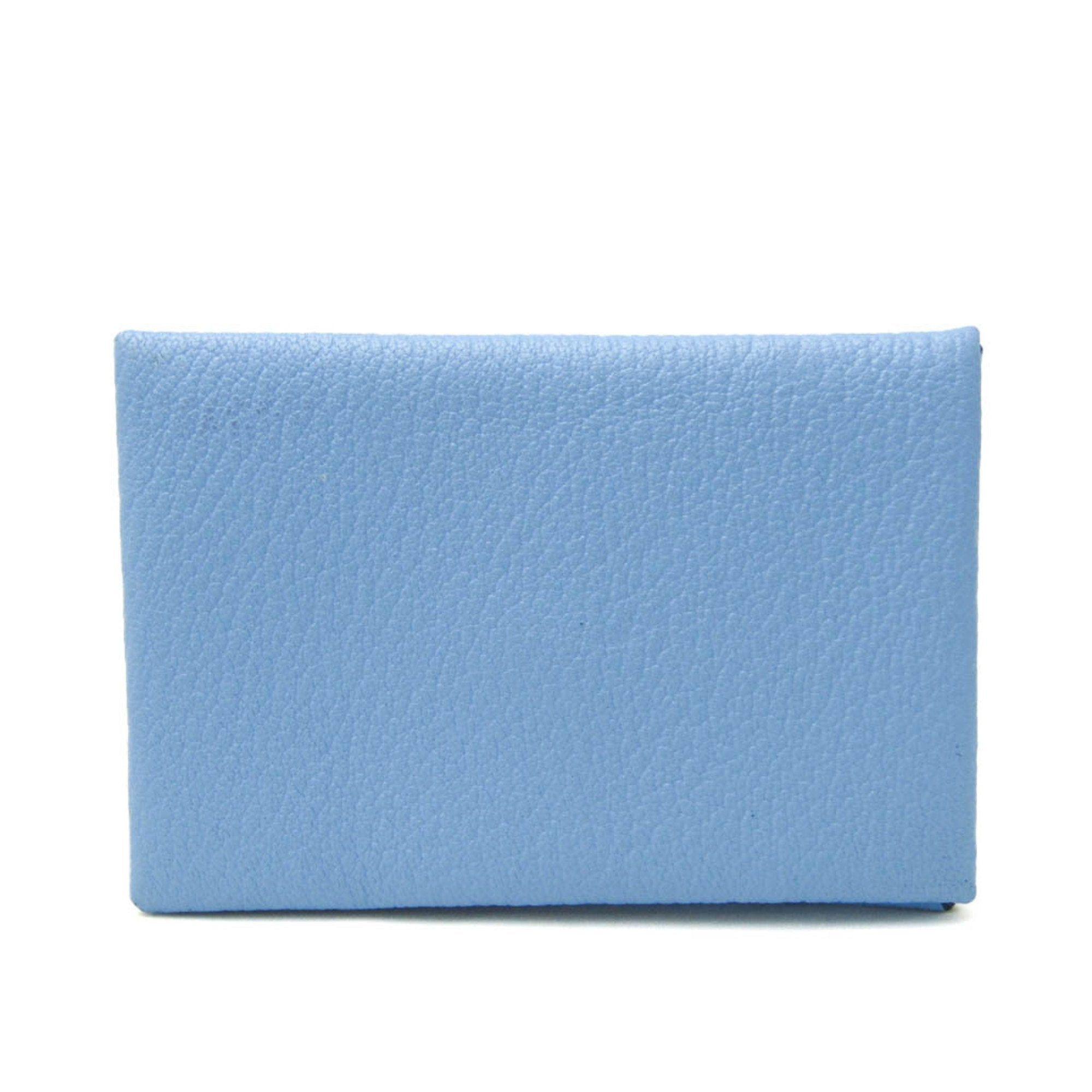 image of Hermes Calvi Chevre Leather Card Case Blue, Women's