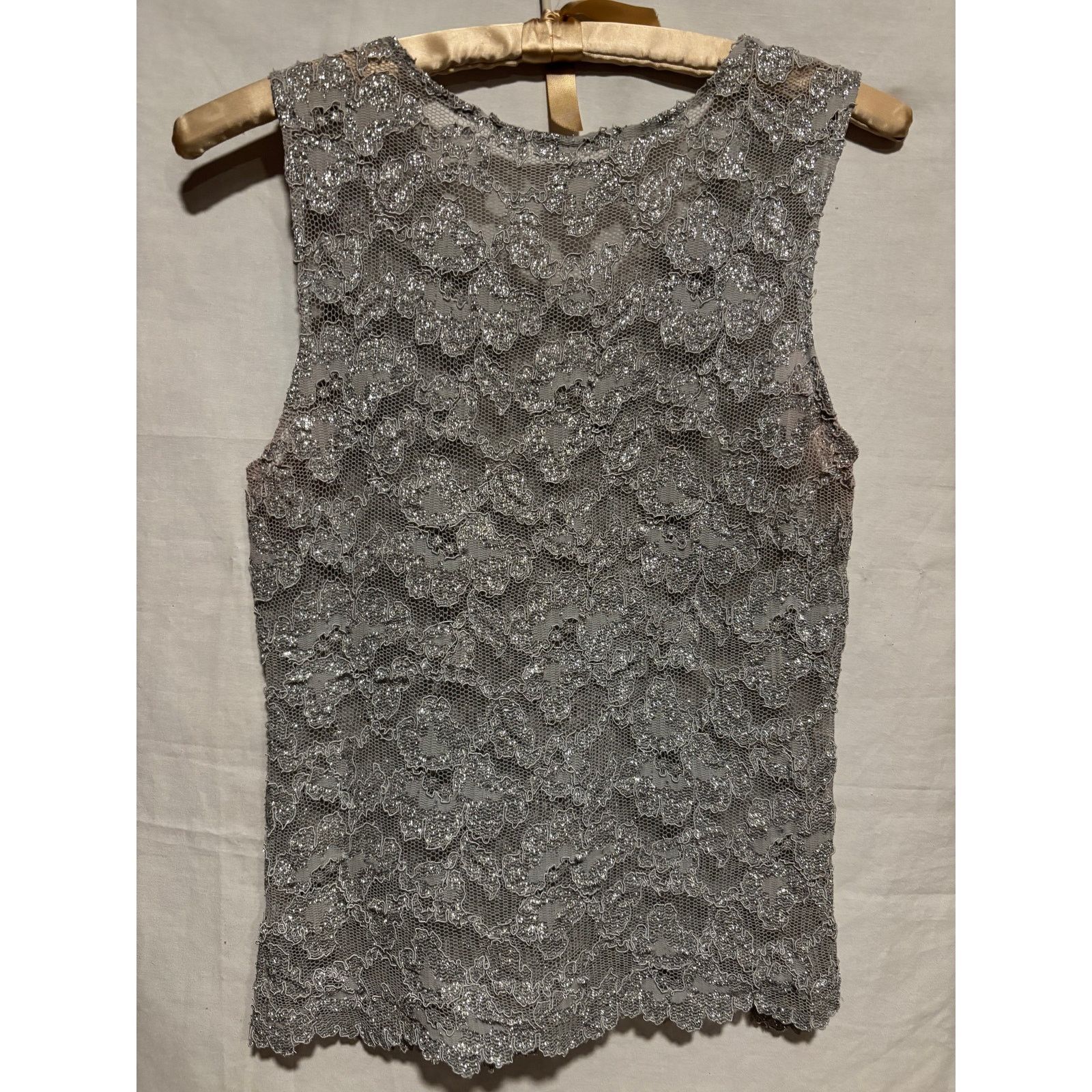 Vintage Lew Magram Vtg Silver Stretch Lace Top Cami Scallop Bottom Size M / US 6-8 / IT 42-44 - 2 Thumbnail