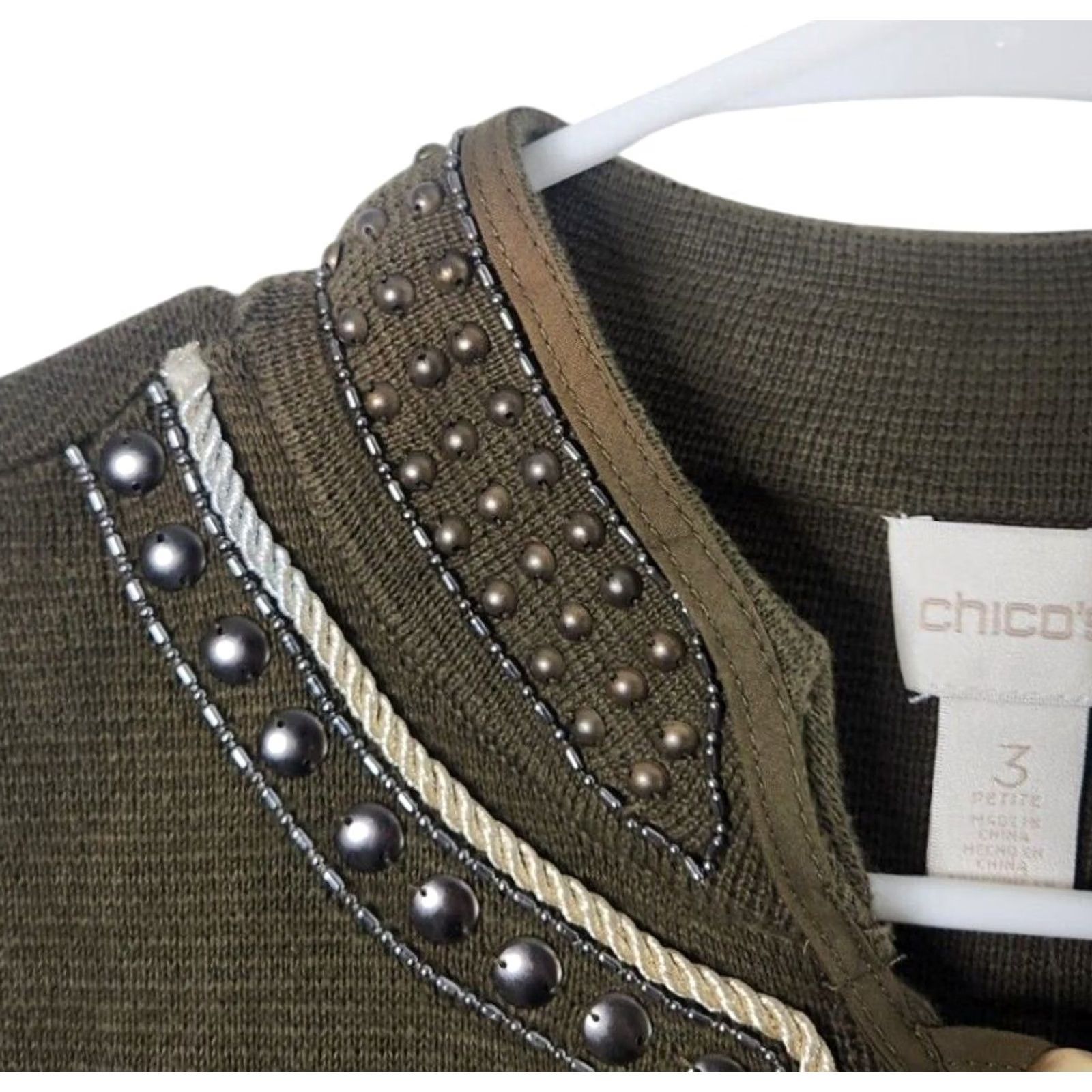Vintage Chicos Women's Sweater Cardigan 3/4 Sleeve Petite Olive Green Embroidered Beaded Size XS / US 0-2 / IT 36-38 - 6 Thumbnail