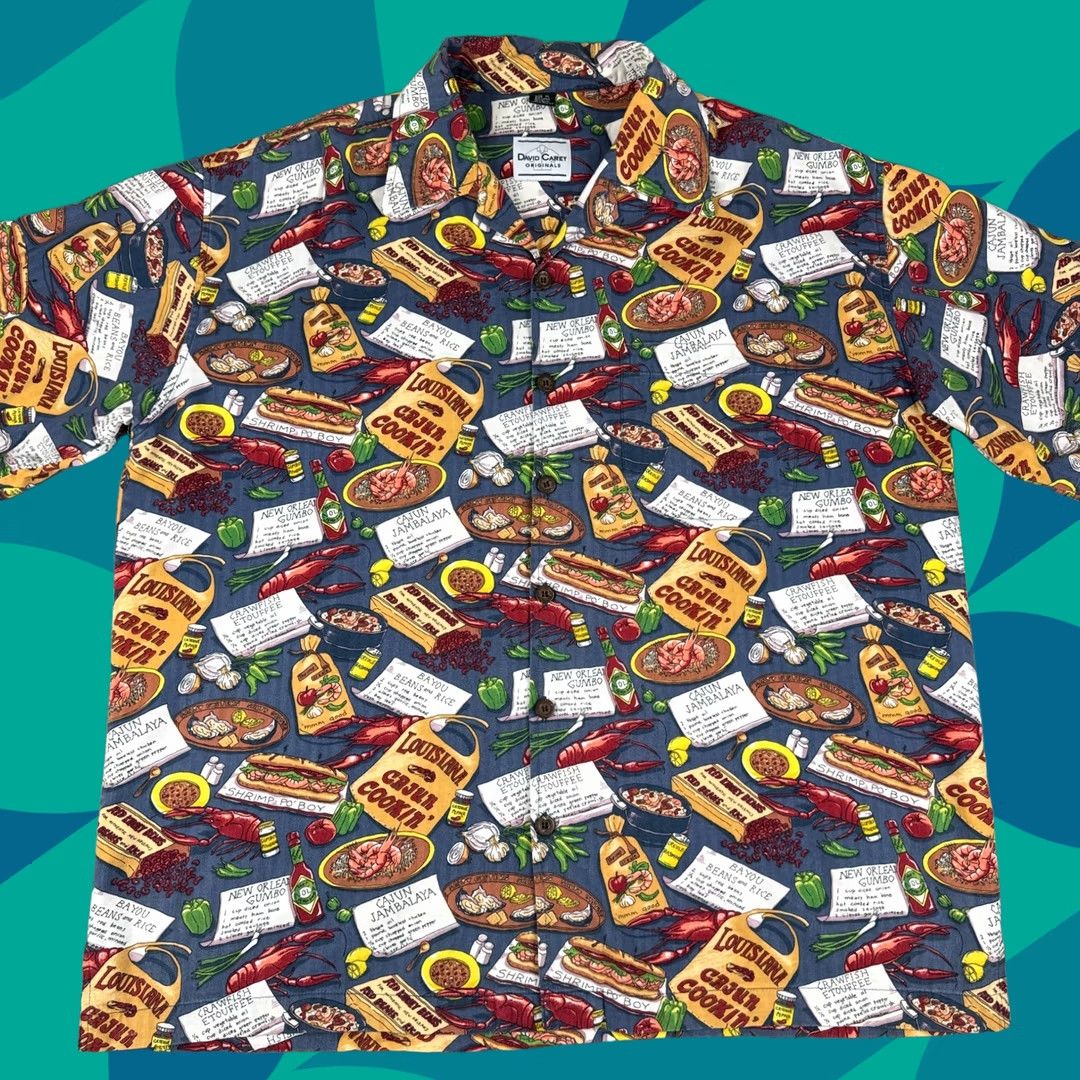 David Carey Originals Camp Shirt Cajun Cooking Gumbo Louisiana Button Up Mens 1XL Multicolor Cotton Rayon Shirt Casual Summer 90s Cajun Mens 1XL, Men's