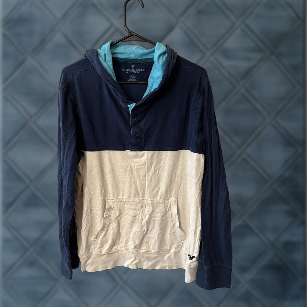 American Eagle Outfitters American Eagle Hoodie Men’s XL Blue Colorblock Pullover Lightweight Cotton with Pockets Size US XL / EU 56 / 4 - 1 Thumbnail