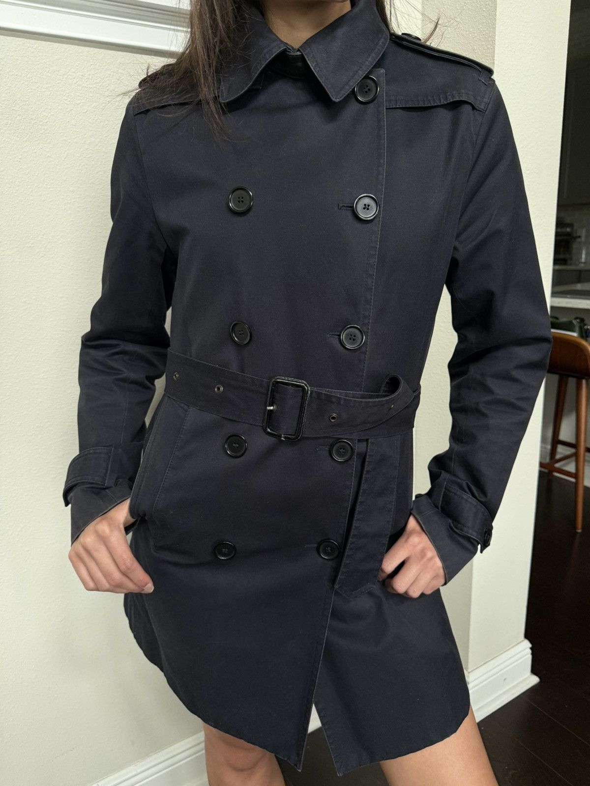 Sandro Sandro Paris Navy Double Breasted Raincoat Leather Details Size M / US 6-8 / IT 42-44 - 8 Thumbnail