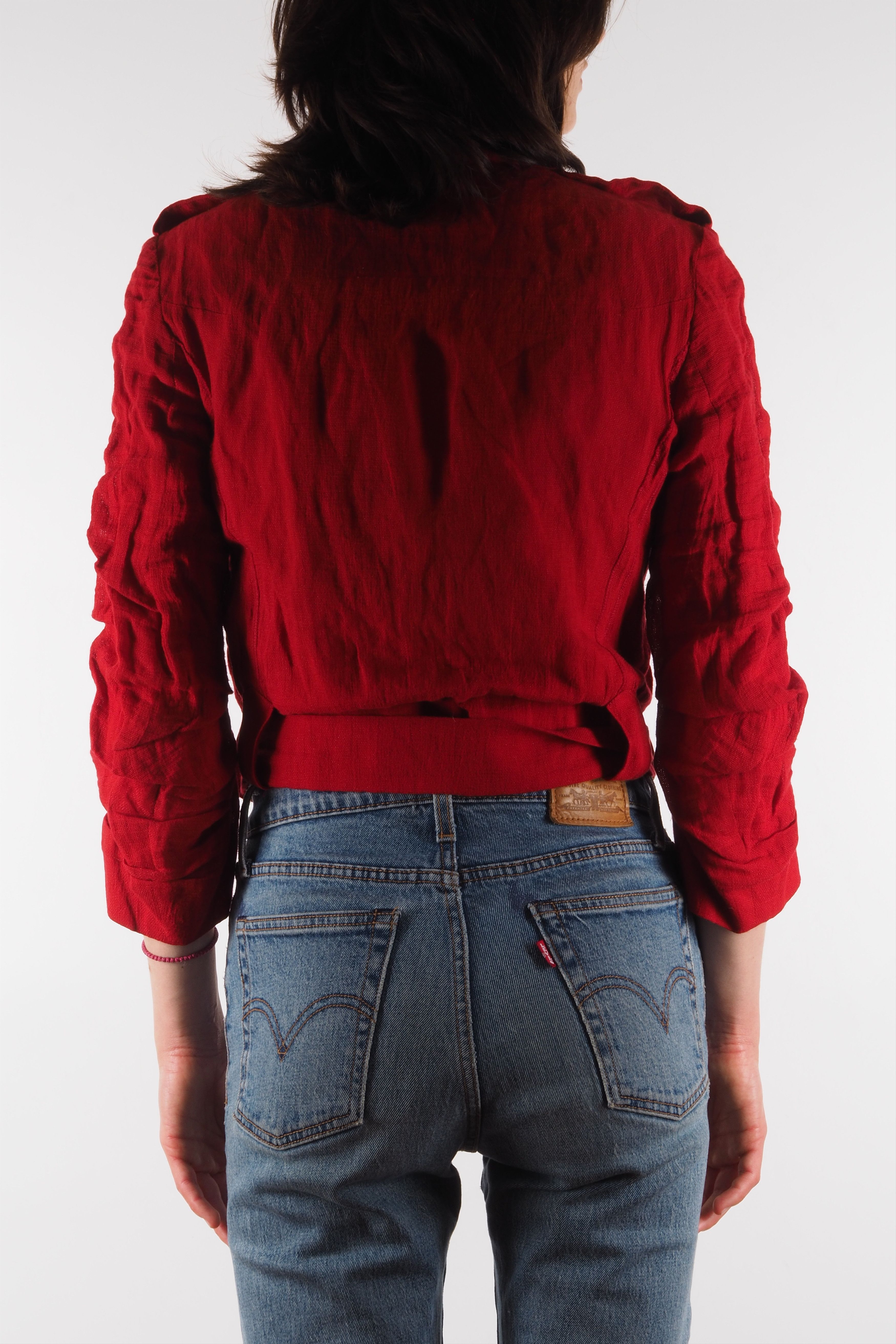 Sonia Rykiel Sonia Rykiel Vintage Red Cropped Draped Linen Moto Jacket Size S / US 4 / IT 40 - 4 Thumbnail