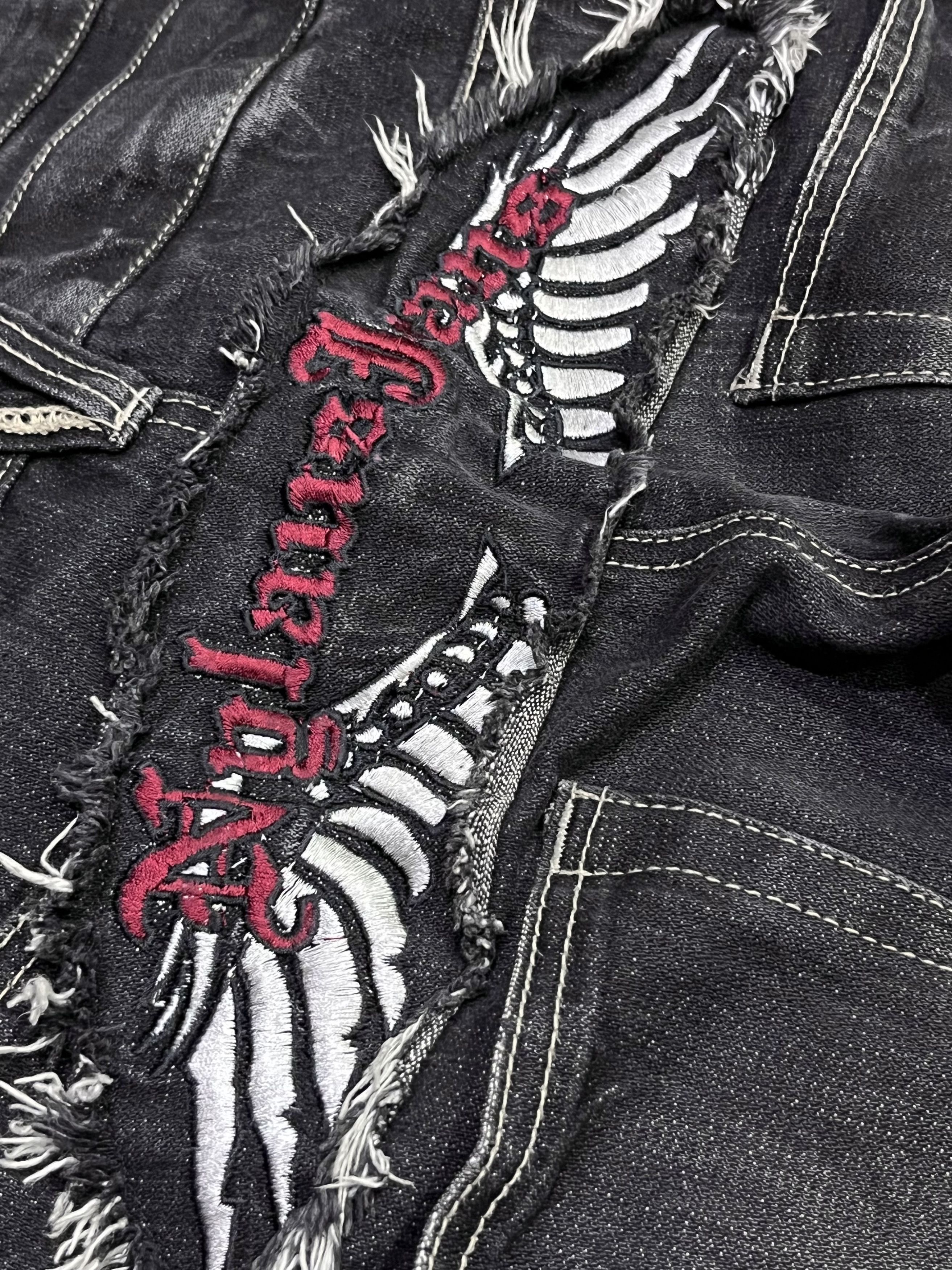 If Six Was Nine NYLAUS Grunge Y2K Clawmark Flare Denim Wing Patch Heel Bite Size US 29 - 3 Thumbnail
