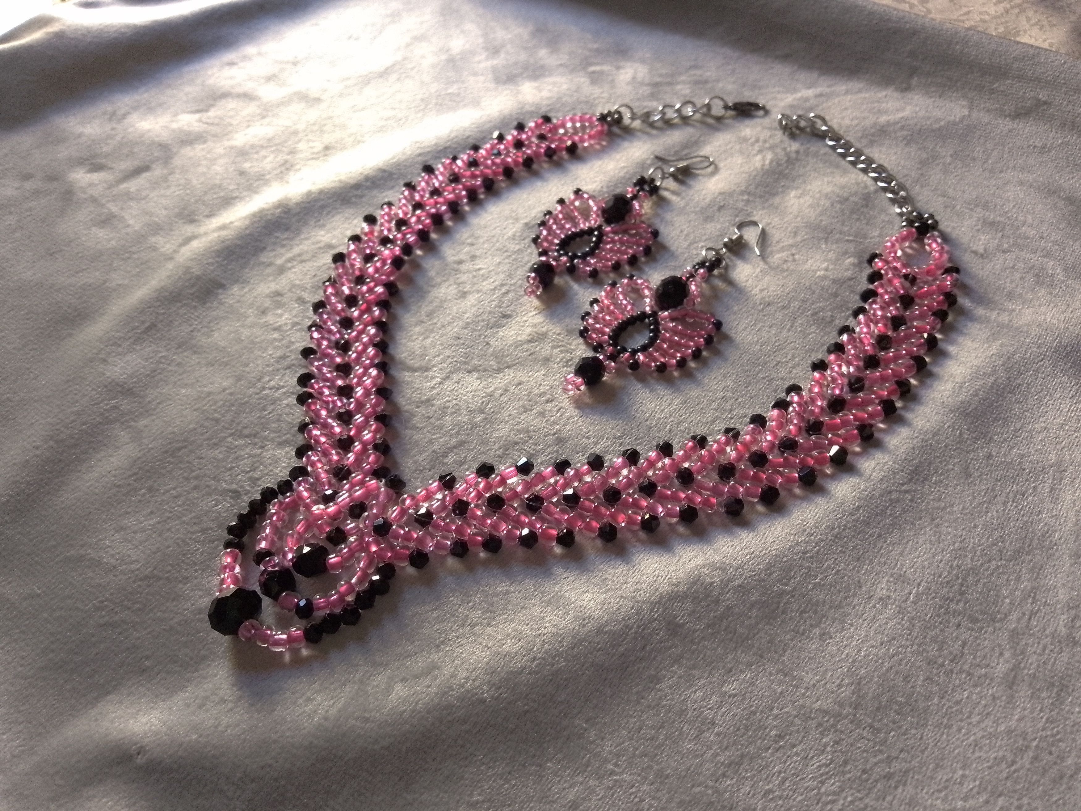Handmade Necklace Braided Pink Black Earrings Crystals Elegant Size ONE SIZE - 2 Thumbnail
