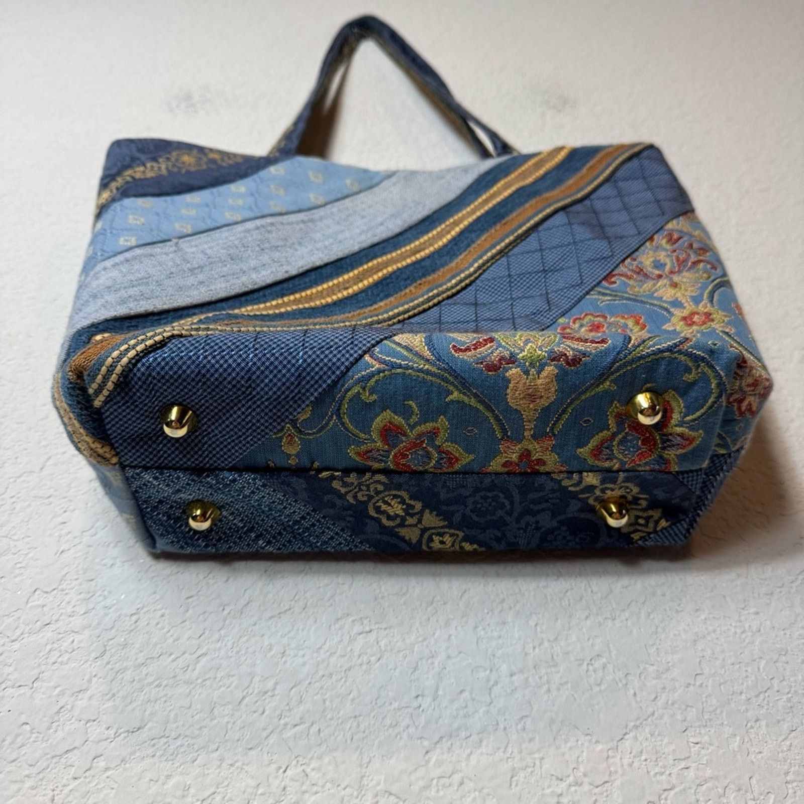 Handmade Handcrafted Blue Quilted Tote Purse Patchwork Footed Pockets Size ONE SIZE - 4 Thumbnail