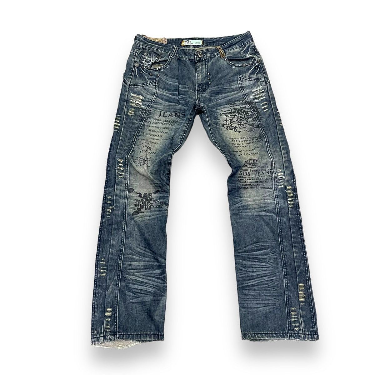 If Six Was Nine × Japanese Brand × Le Grande Bleu (L.G.B.) 🇯🇵 TSL JEANS POEM DISTRESSED DENIM PANTS Size US 35 - 2 Thumbnail