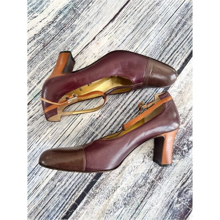 Bruno Magli Vintage Bruno Magli T-Strap Brown Two-Tone Women's Heels Size US 6.5 / IT 36.5 - 6 Thumbnail