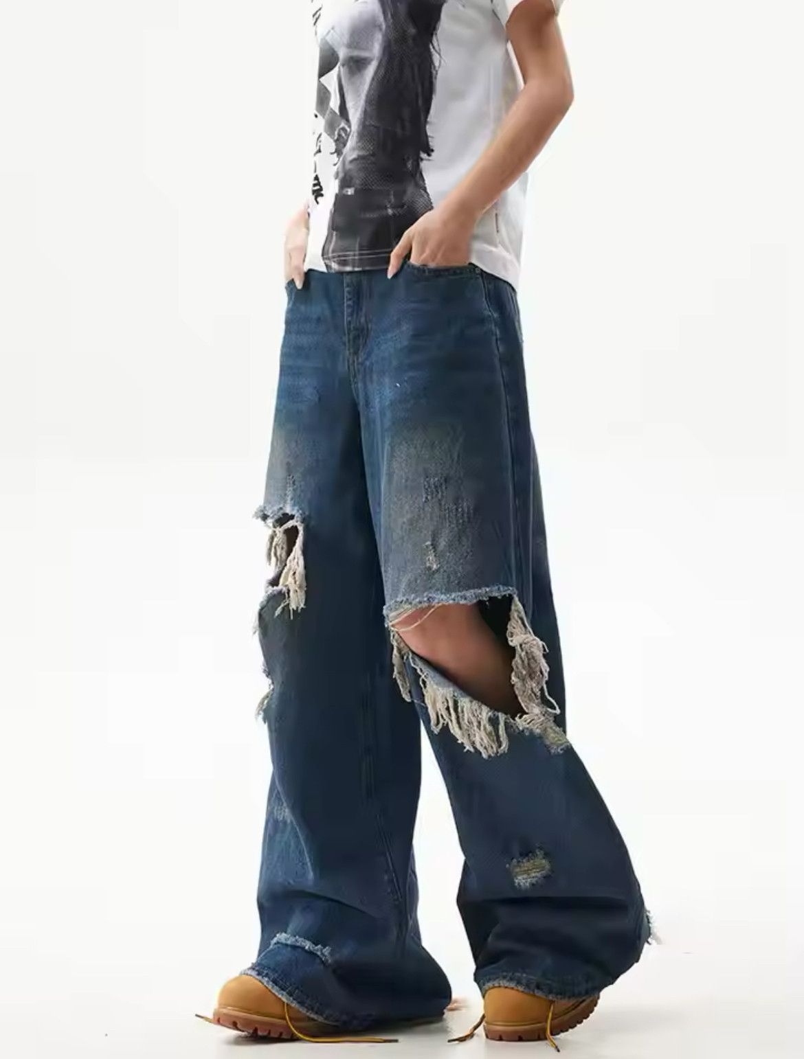Jean Distressed Frayed Blue Unisex Jean Size US 30 / EU 46 - 3 Thumbnail