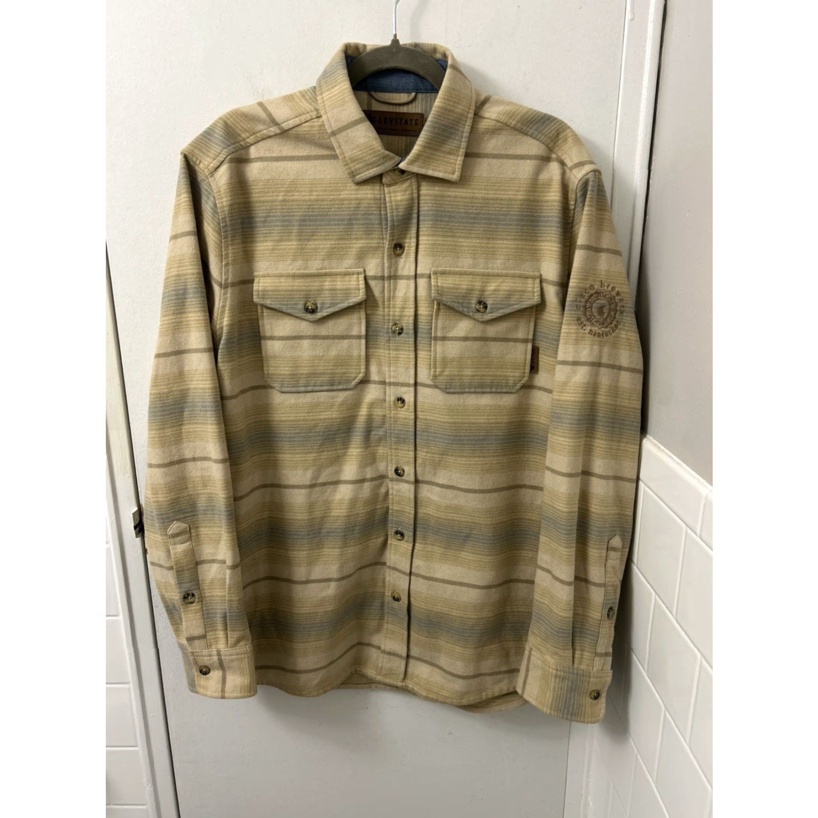 Vintage Levitate Shirt Mens M Tan Blue Striped Flannel Button-Down L/S Organic Cotton Recycled Polyester Pocket Embroidered Vintage: No Size US M / EU 48-50 / 2 - 2 Thumbnail