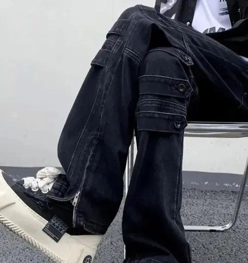 Jean Black Color Street Niche Style Zipper Leg Denim Cargo Pant Size US 32 / EU 48 - 1 Thumbnail