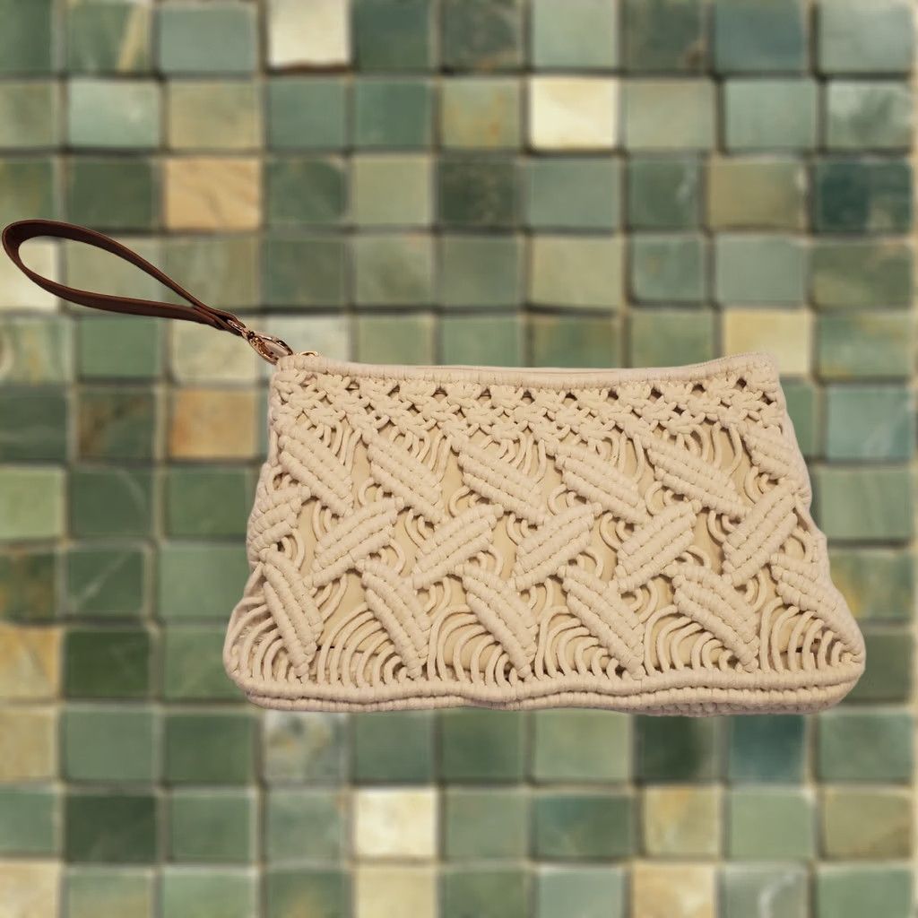 Vintage INC International Concepts White Macrame Faux Leather Wristlet Purse Hand Bag Clutch Womens Medium Brown Leather Wrist Strap Zip Bag Size ONE SIZE - 1 Thumbnail