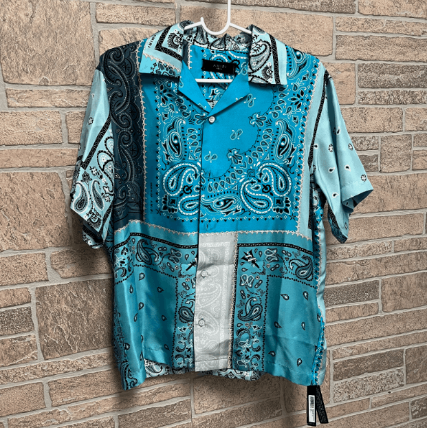 image of Amiri Blue Silk Bandana Print Button Down Shirt in Bleu, Men's (Size Medium)