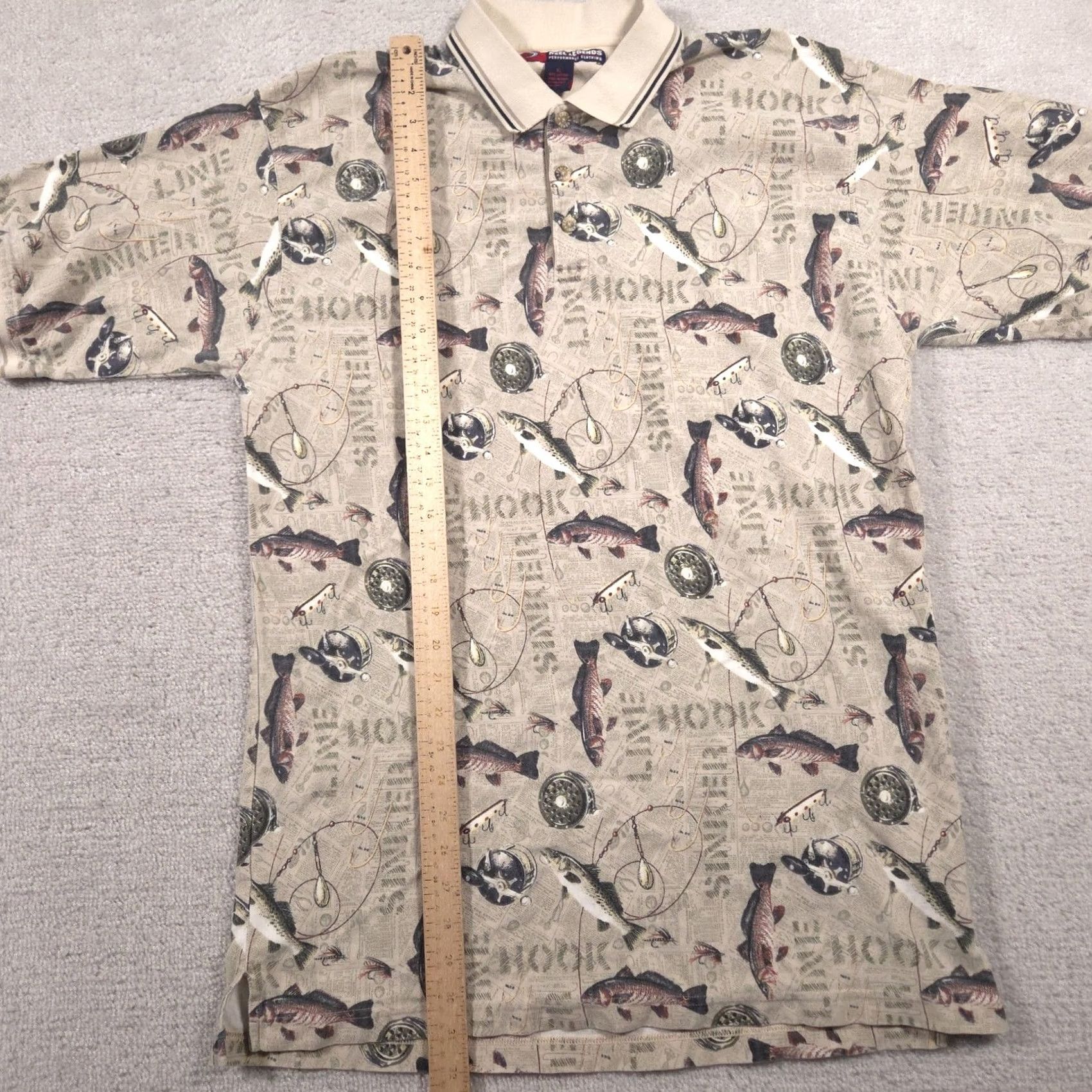 Vintage Reel Legends Polo Shirt Mens XL Beige Fishing Graphic Allover Print Cotton Size US XL / EU 56 / 4 - 6 Thumbnail