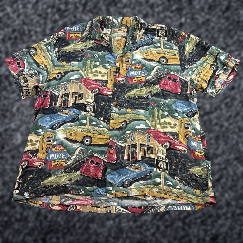 Paradise Found Paradise Found Shirt Mens 2XL Route 66 Cars Hawaiian Camp Rayon Button Front Size US XXL / EU 58 / 5 - 1 Thumbnail