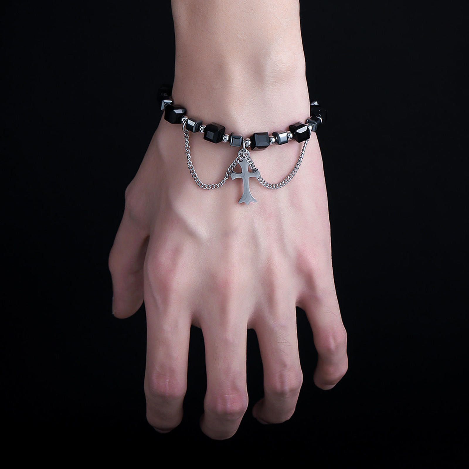 Jewelry Black Beaded Cross Charm Men's Bracelet Size ONE SIZE - 1 Thumbnail