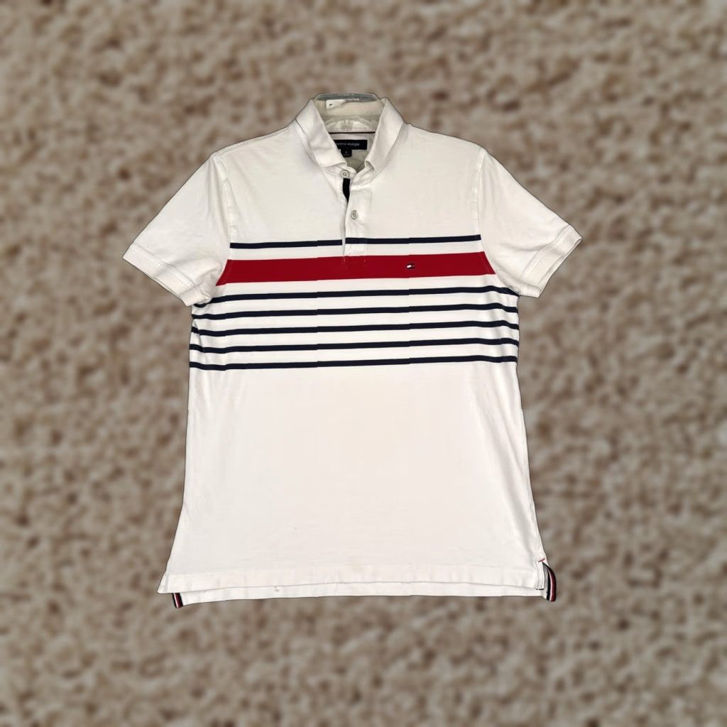 Tommy Hilfiger Tommy Hilfiger Polo Shirt Mens Medium White Striped Logo Cotton Knit Nautical Size US M / EU 48-50 / 2 - 1 Thumbnail