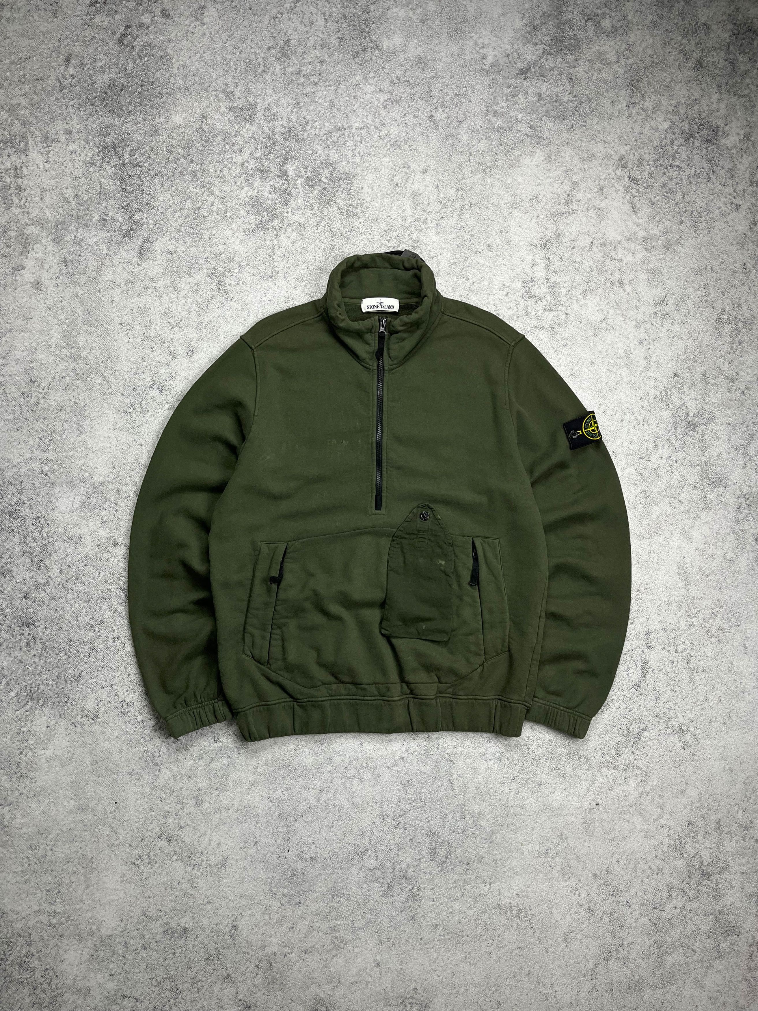 image of Stone Island Half Zip Cargo Sweatshirt in Khaki, Men's (Size Large)