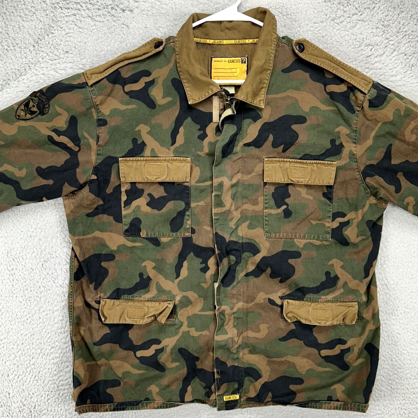 Guess GUESS Military Jacket Men XL Olive Green Camouflage Cotton Full Zip Flap Pockets Size US L / EU 52-54 / 3 - 3 Thumbnail