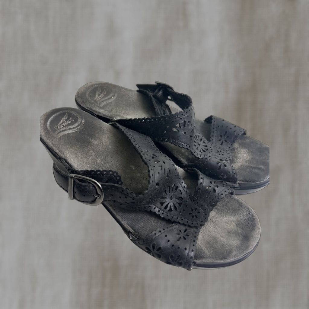 Dansko Dansko Sapphire Sandal Womens Black Leather Cutout Eyelet Slide Wedge 39 US 8.5 Adjustable Buckle Leather Lining Floral Pattern Size US 9 / IT 39 - 1 Thumbnail