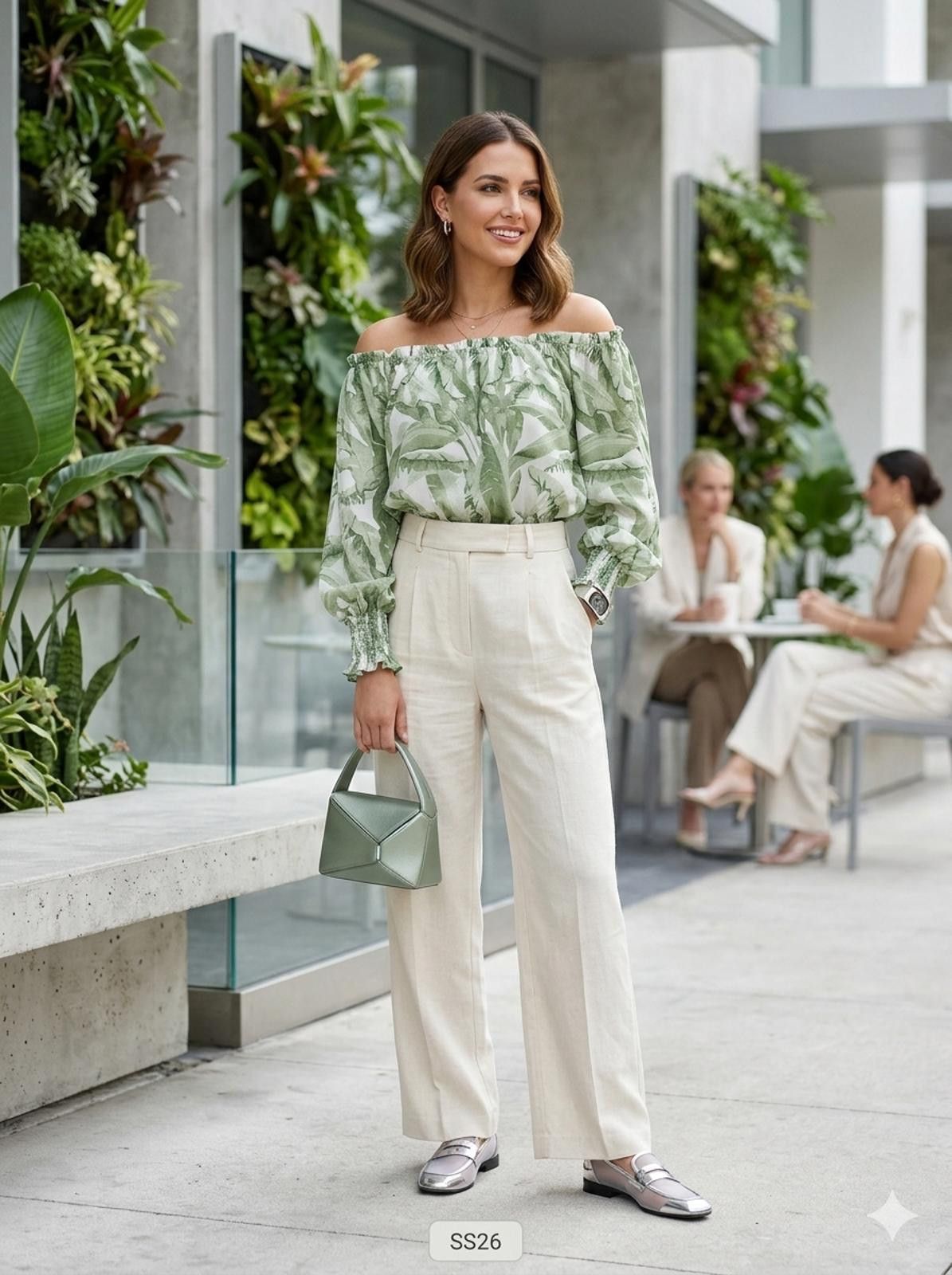 Other Flying Tomato Green Leaf Print Off-Shoulder Blouse, Size L Size L / US 10 / IT 46 - 1 Thumbnail