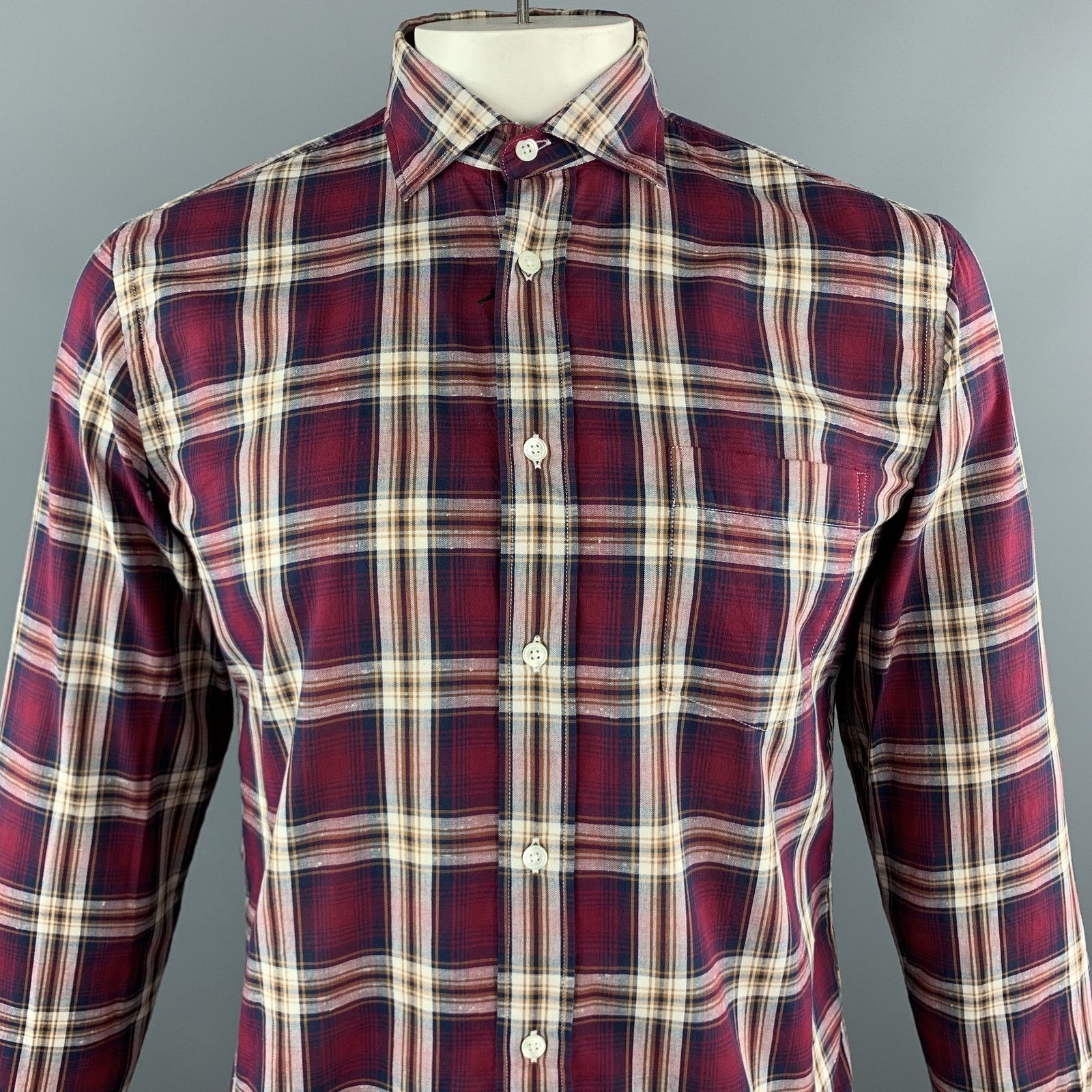 Hartford M Burgundy & Brown Plaid Cotton Button Up Long Sleeve Size US M / EU 48-50 / 2 - 2 Thumbnail