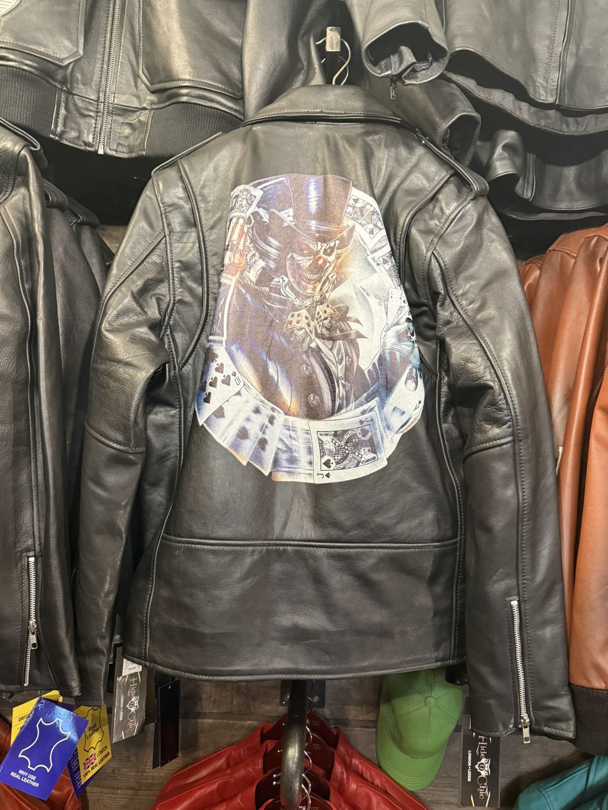 Vintage Black Leather Biker Jacket – Gothic Skull Ace
