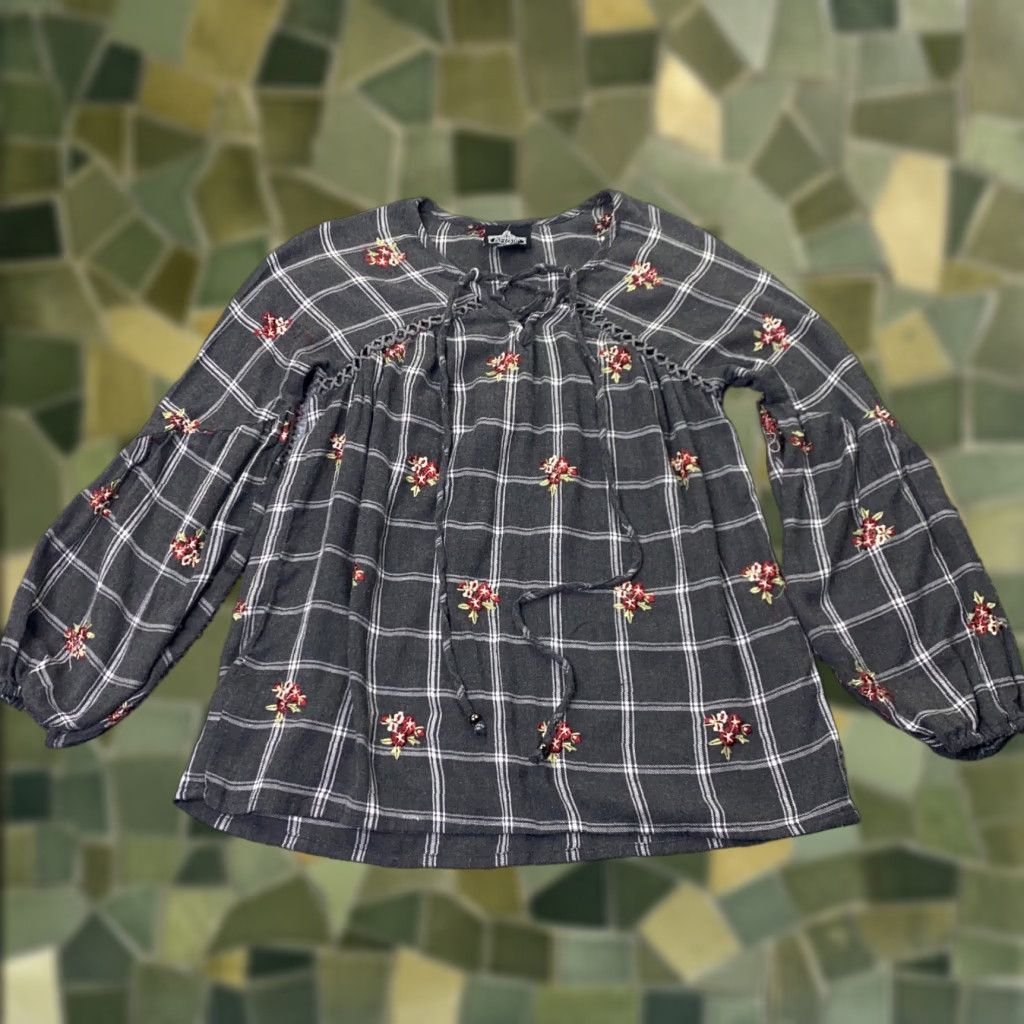 Vintage Angie Womens Shirt Small Black Plaid Flowers Hippie Boho Peasant Tunic Size S / US 4 / IT 40 - 1 Thumbnail