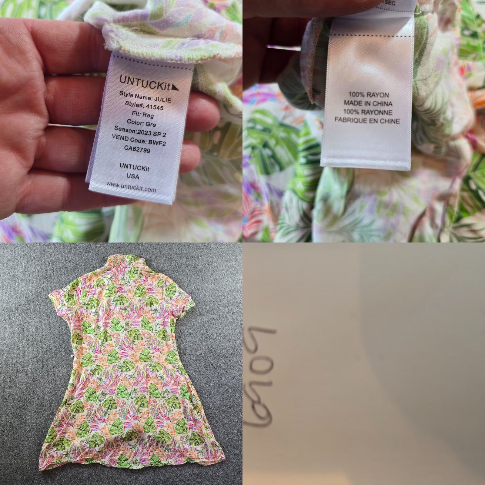 UNTUCKit Untuckit Dress Womens Size 12 Green Pink Tropical Leaves Monstera Aloha Resort Button Shirt Dress Cap Sleeve Knee Length Casual Womens Size XL / US 12-14 / IT 48-50 - 8 Thumbnail