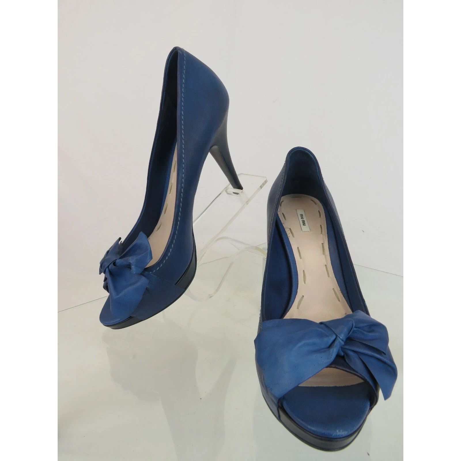 Miu Miu MIU MIU PRADA BLUE WASHED LEATHER BOW 5KP0 PLATFORM PUMPS 40 Size US 10 / IT 40 - 5 Thumbnail