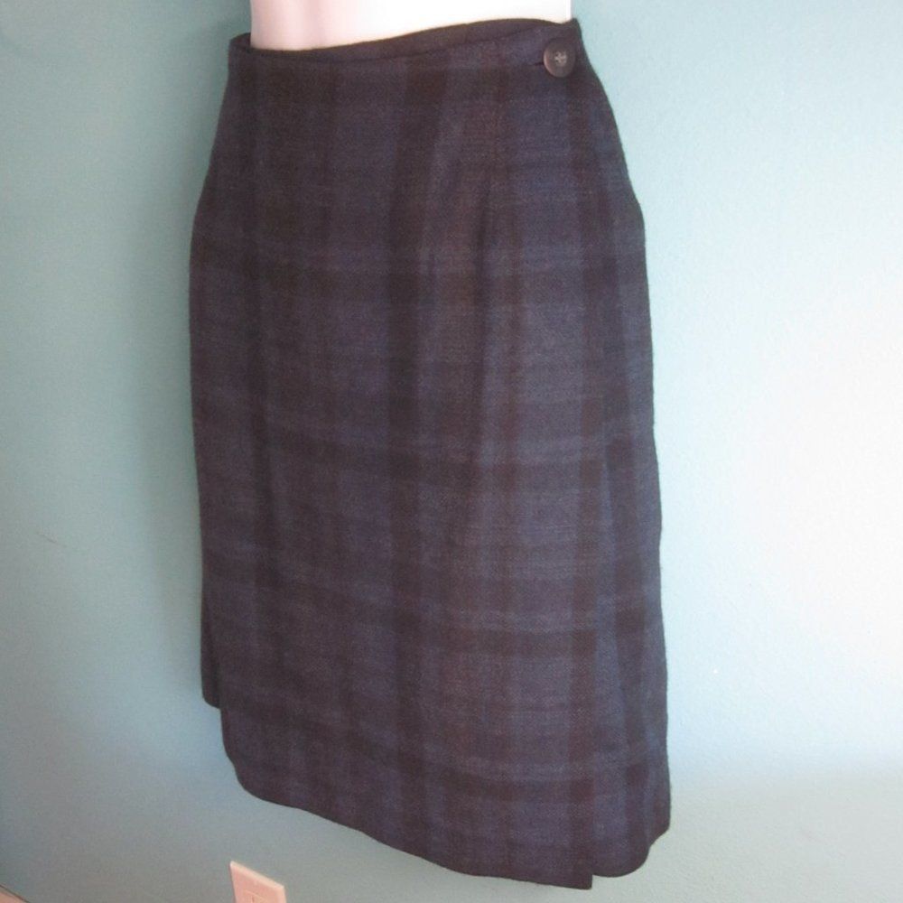 Robert Talbott Talbots Blue Plaid Wool Skirt Womens Size 8 Wrap Style Vintage Skirt Size 30" / US 8 / IT 44 - 3 Thumbnail