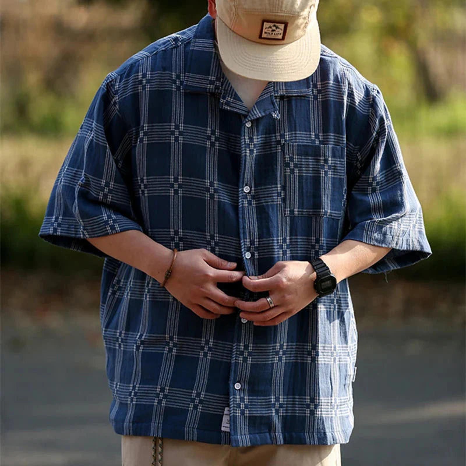 Japanese Style Vintage Check Collar Short Sleeve Shirt
