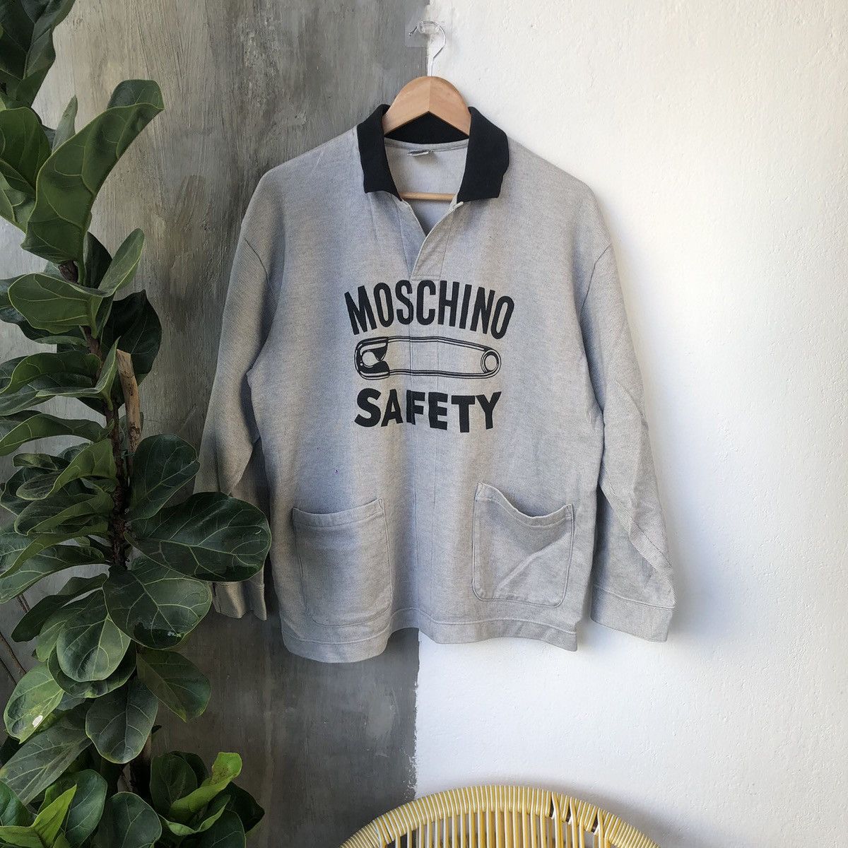 image of Moschino Safety Pin Long Sleeve Collar Shirt in Grey/Black, Men's (Size Large)