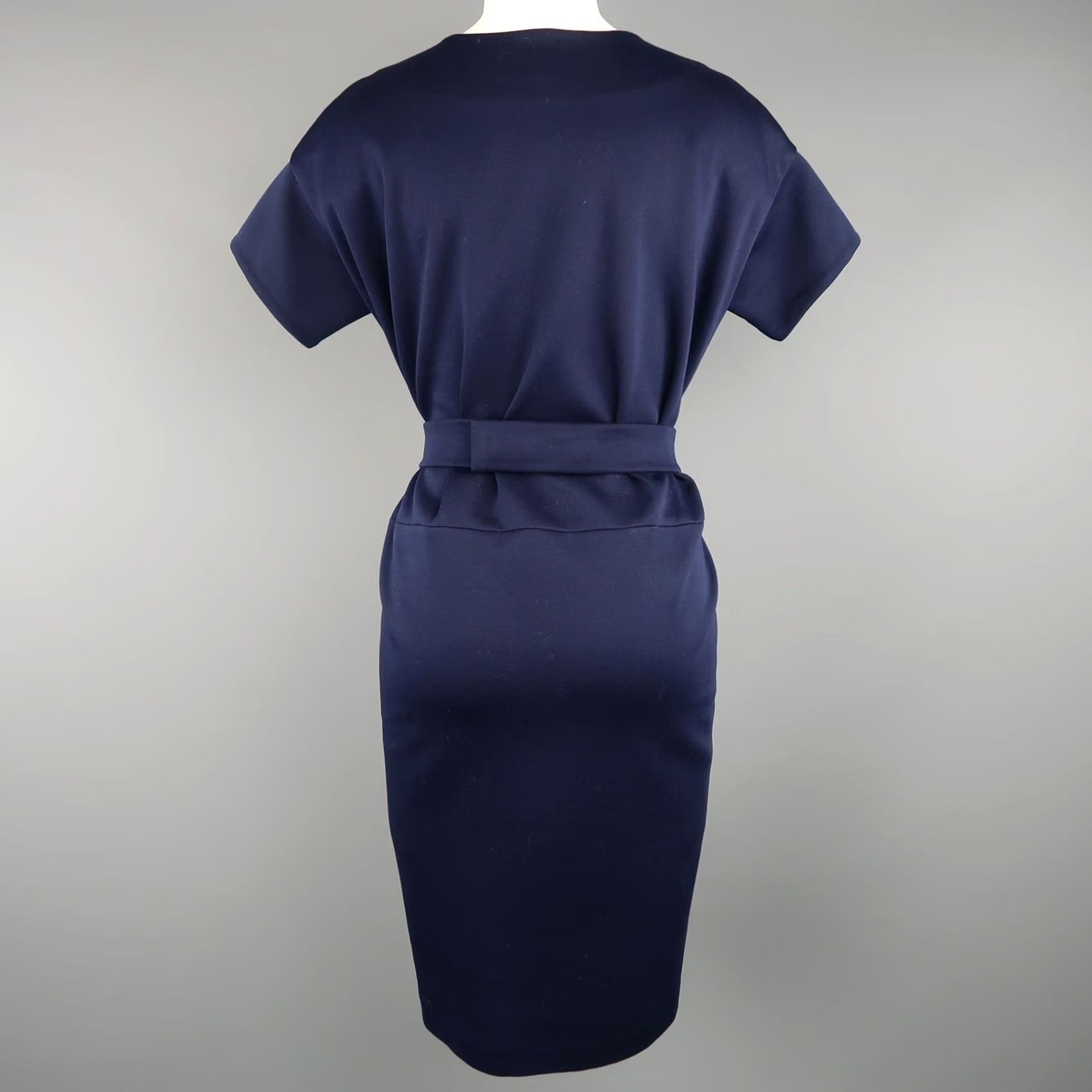 Jil Sander JIL SANDER Size M Navy Cotton Polyester Jersey Short Sleeve Belted Shift Dress Size M / US 6-8 / IT 42-44 - 4 Thumbnail