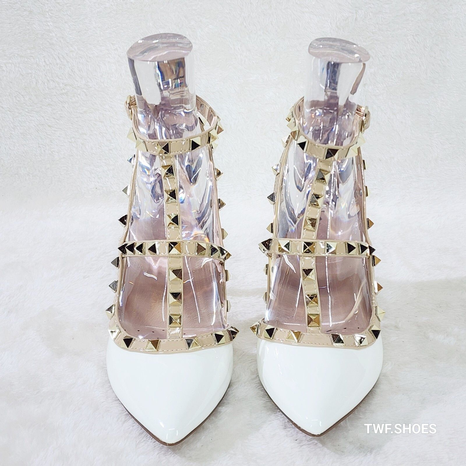Other Caged White Patent Studded Strappy Stiletto High Heel Shoes Size US 6 / IT 36 - 6 Thumbnail