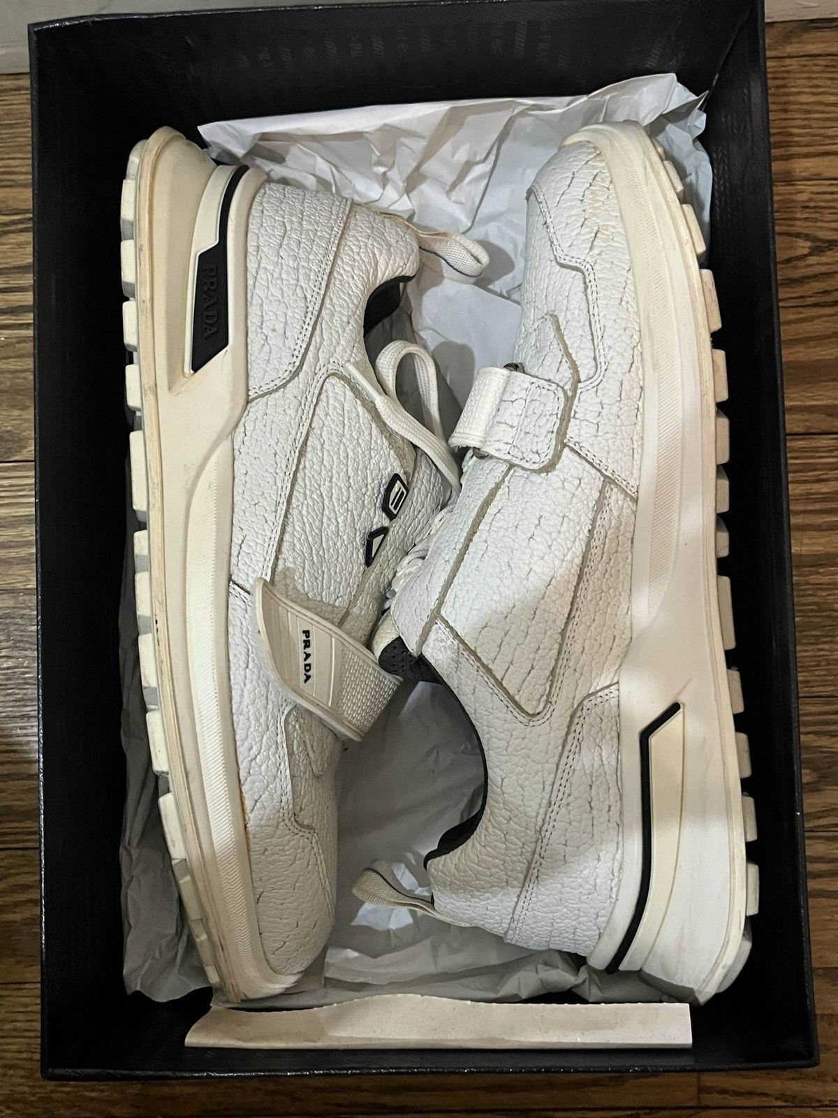 Prada Prada White Cracked Leather Sneaker Shoes Size US 10 / EU 43 - 1 Thumbnail
