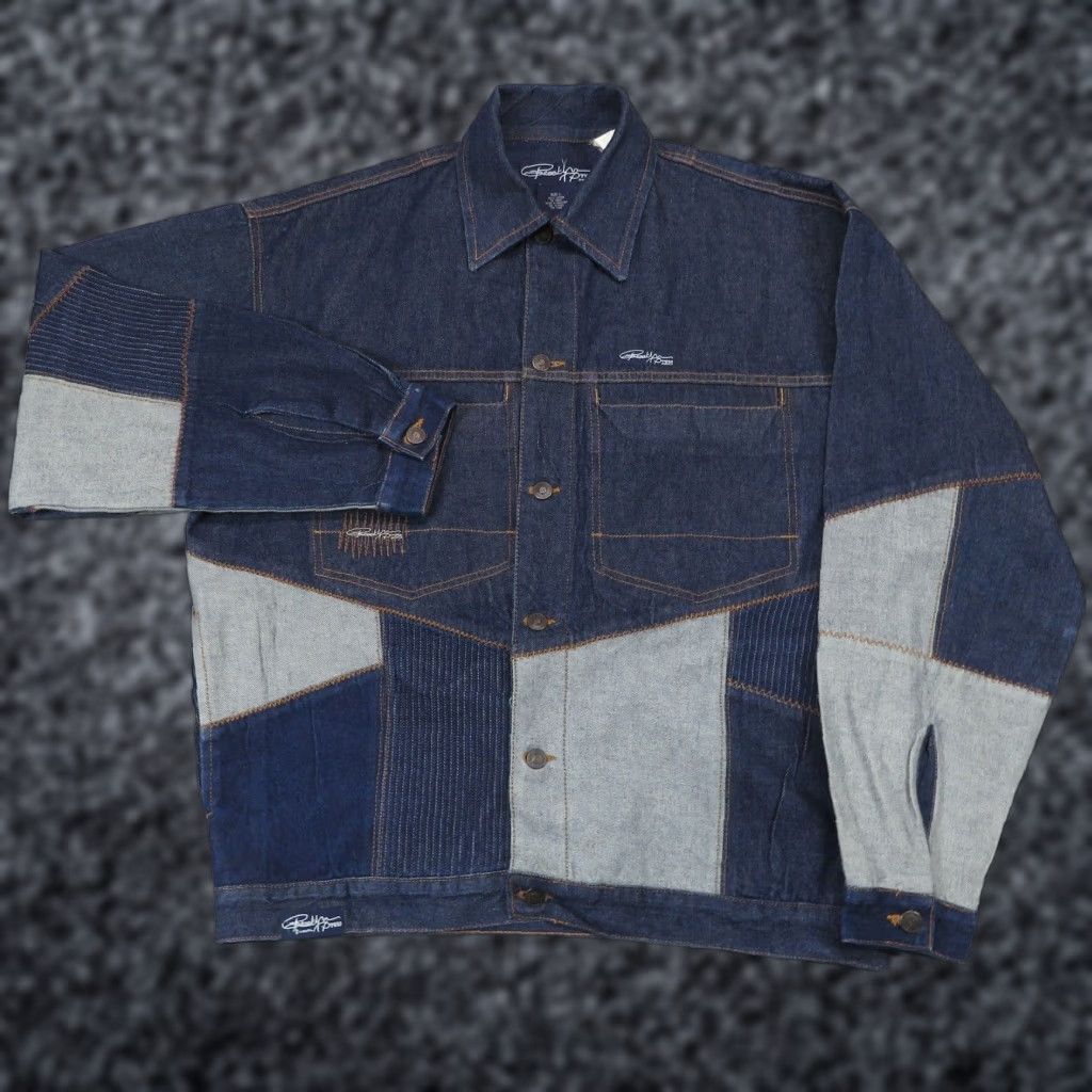 Express VINTAGE Brooklyn Xpress Jacket Men L Blue Denim Patchwork Streetwear BlackLabel? Size US 33 - 1 Thumbnail