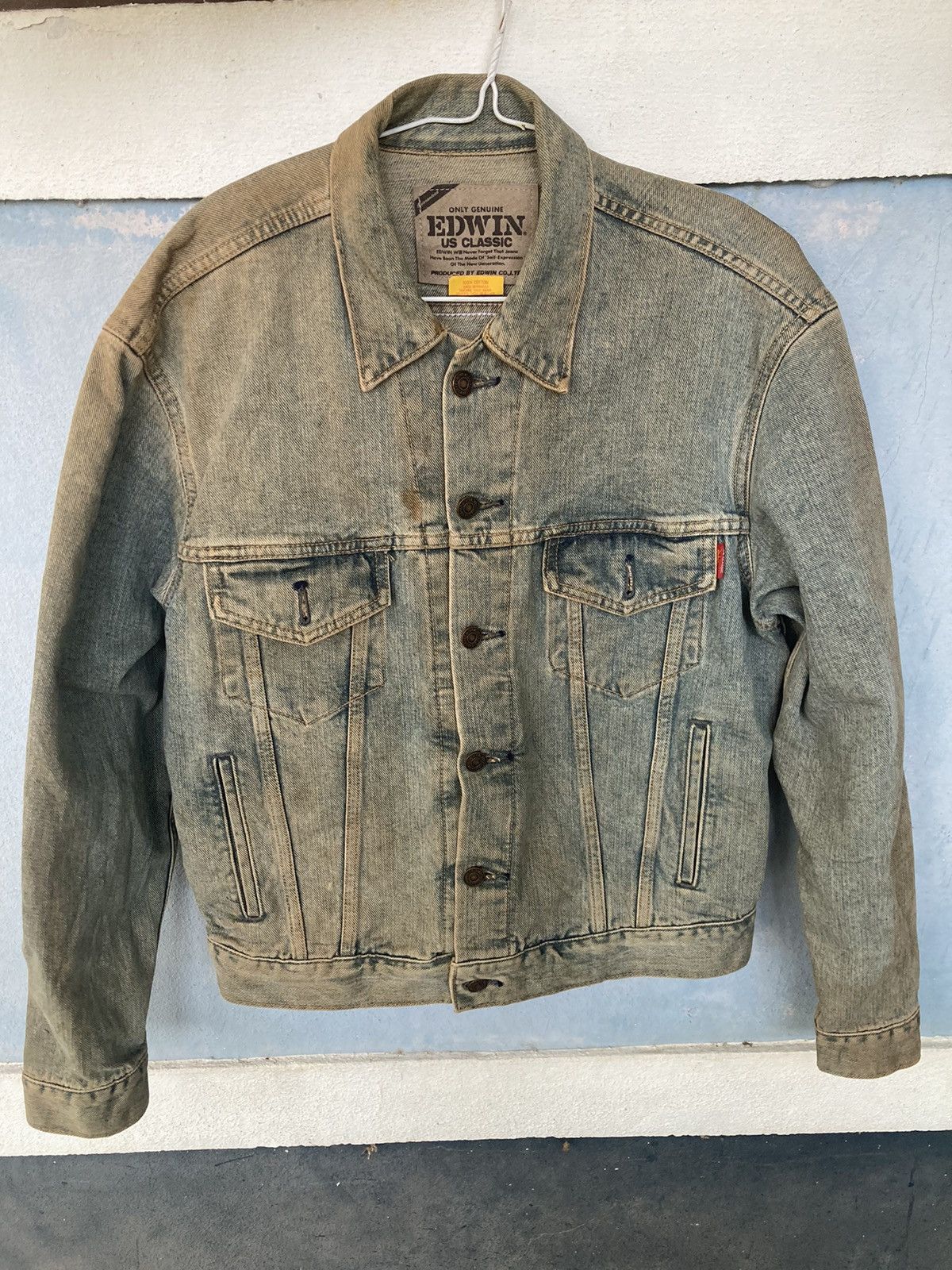 image of Distressed Denim x Edwin Distressed Edwin Denim Jacket in Blue, Men's (Size Medium)