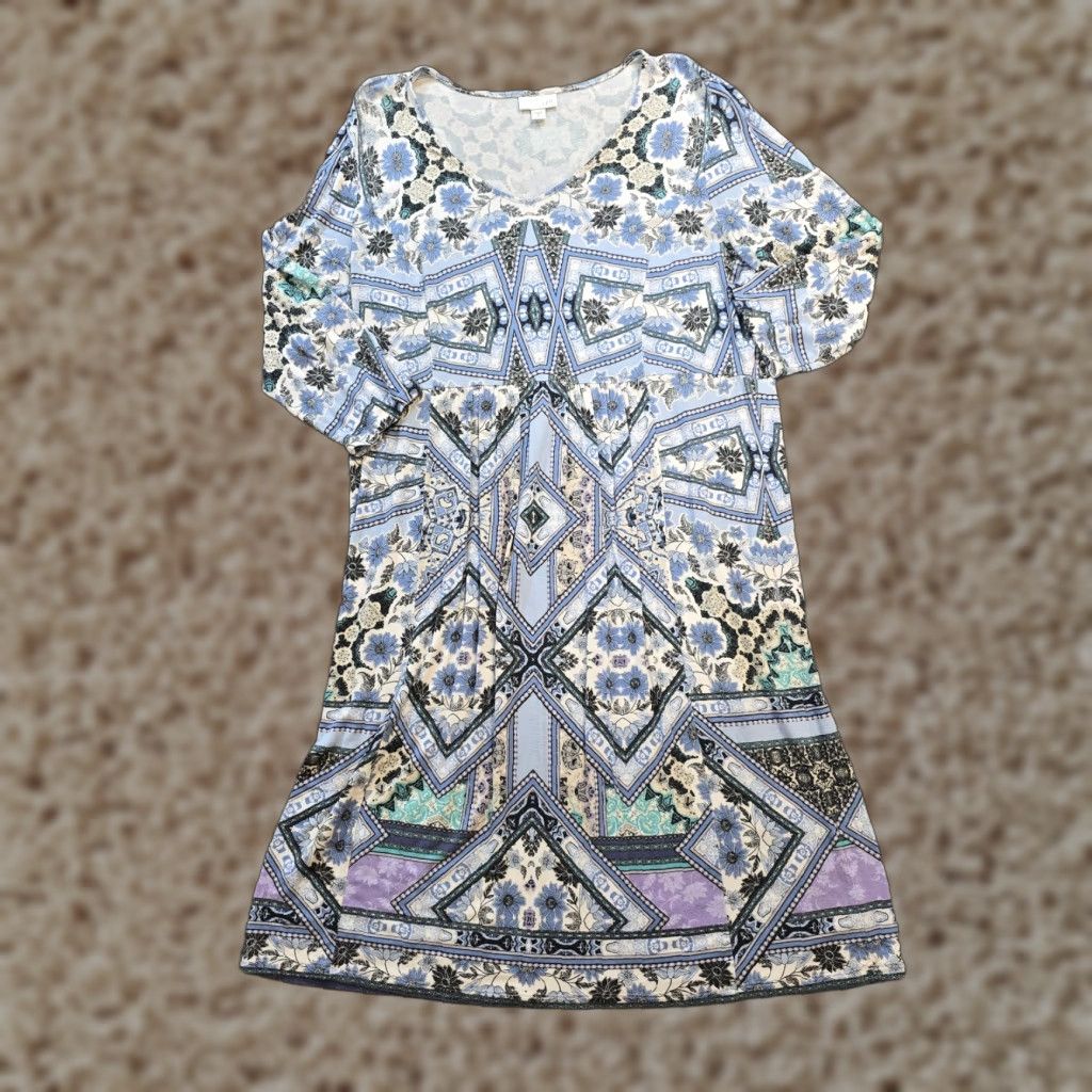 J. Jill J Jill Dress Womens Small Blue Patchwork Stretchy A-Line V-Neck Casual Dress (J. Jill, Knee Length, 3/4 Sleeve) Size S / US 4 / IT 40 - 1 Thumbnail