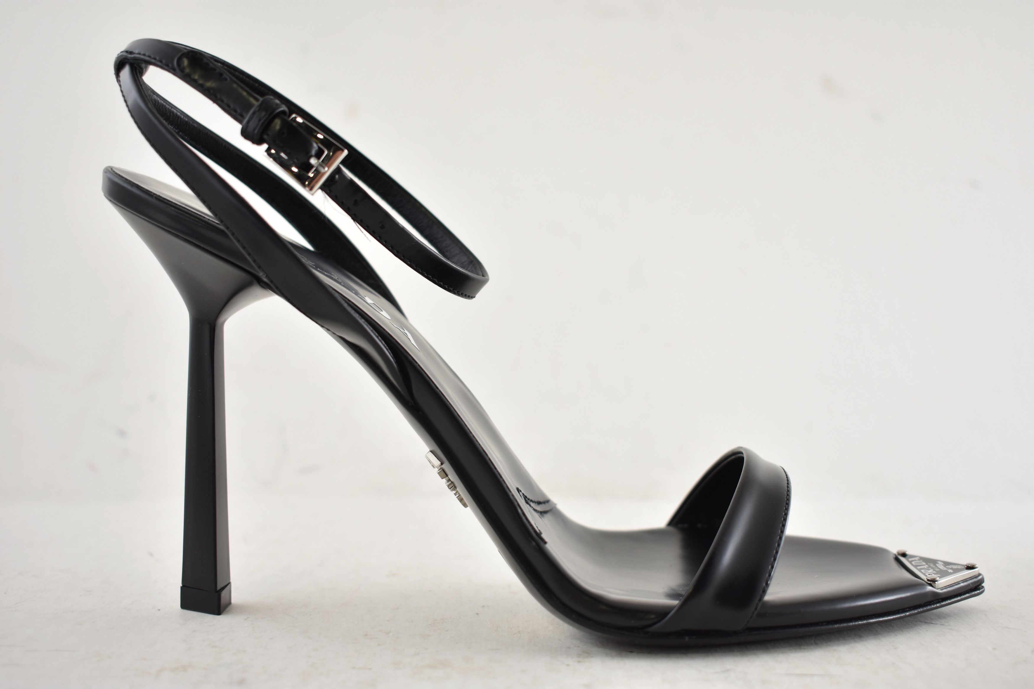 Prada Leather Pointed Toe Logo Ankle Strap Heel Sandal Pump 38 Size US 8 / IT 38 - 2 Thumbnail