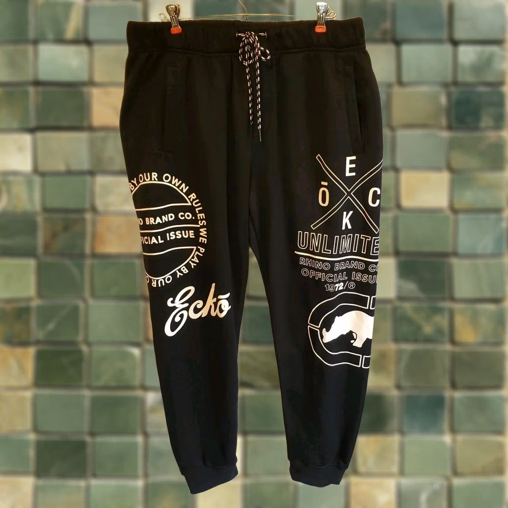 Ecko Unltd. VINTAGE Ecko Unltd Sweatpants Mens XL Regular Black White Solid Wrap Logo Pockets Drawstring Inseam 30" Size US 36 / EU 52 - 1 Thumbnail