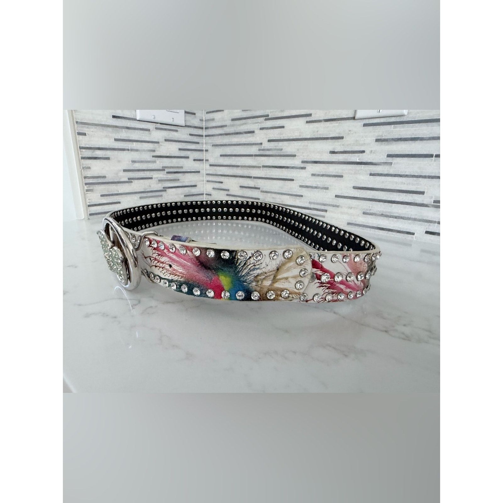 White Crystal Butterfly Studded Floral Leather Belt XL display picture 3