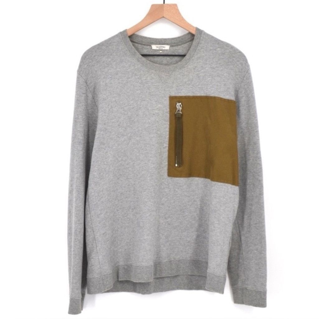 Valentino Valentino Made in Italy Gray Crewneck Contrast Zip Pocket –M Size US M / EU 48-50 / 2 - 3 Thumbnail