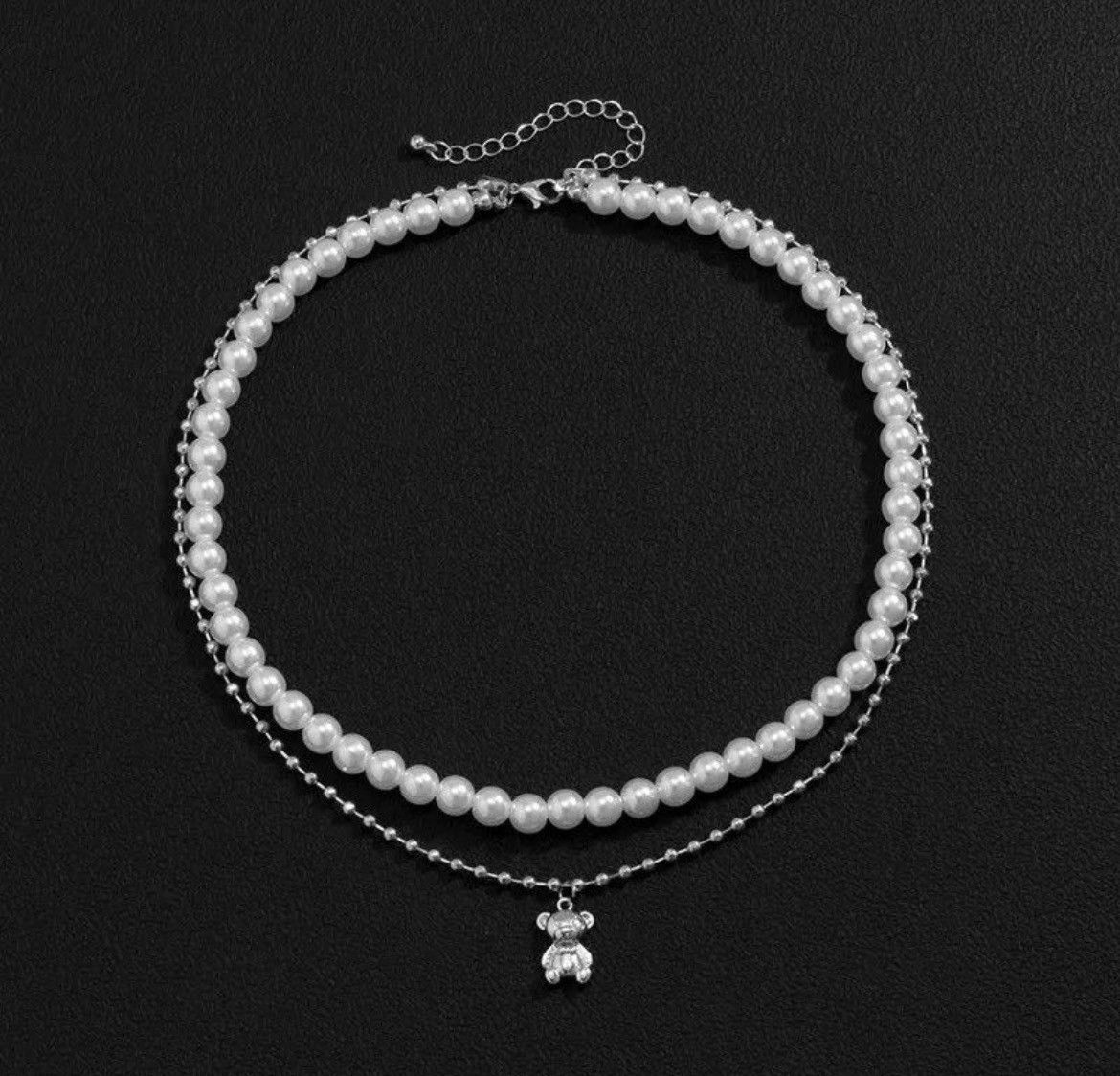 Jewelry Double Layer Pearl Bear Necklace Silver Necklace Size ONE SIZE - 5 Thumbnail