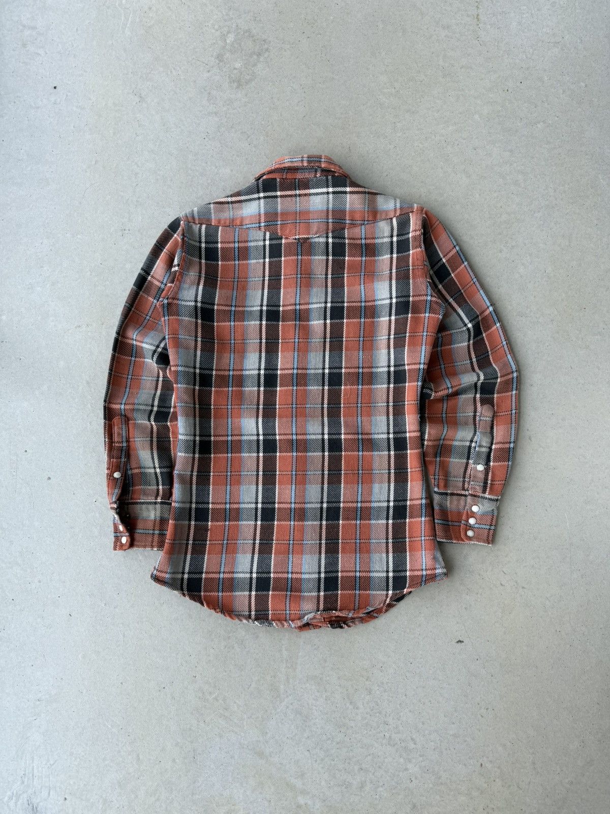 Vintage × Wrangler Vintage 1970s Orange Wrangler Plaid Pearl Snap Flannel Size US S / EU 44-46 / 1 - 2 Thumbnail