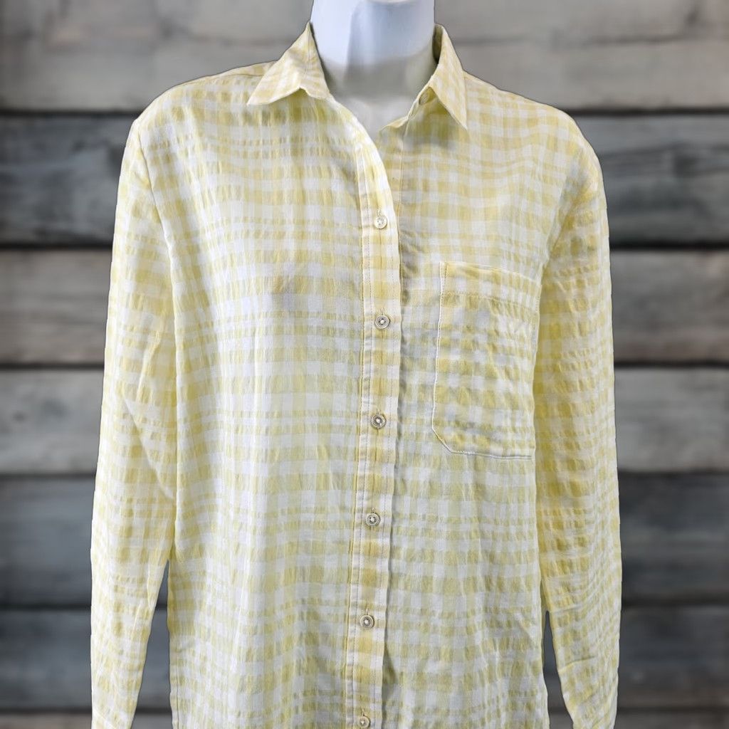 Vintage ATM Womens Plaid Boyfriend Shirt XS Yellow White - Button-Up, Long Sleeve, Cotton Polyester, Classic Basic Size XS Womens Size XS / US 0-2 / IT 36-38 - 1 Thumbnail