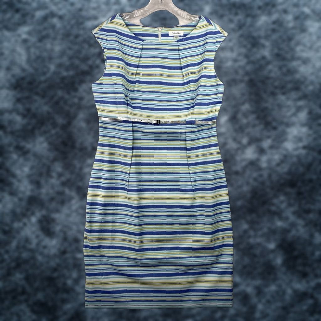 Calvin Klein Calvin Klein Dress Sz 12 Blue Striped Sheath Silver Metallic Belt Lined Stretch Size XL / US 12-14 / IT 48-50 - 1 Thumbnail