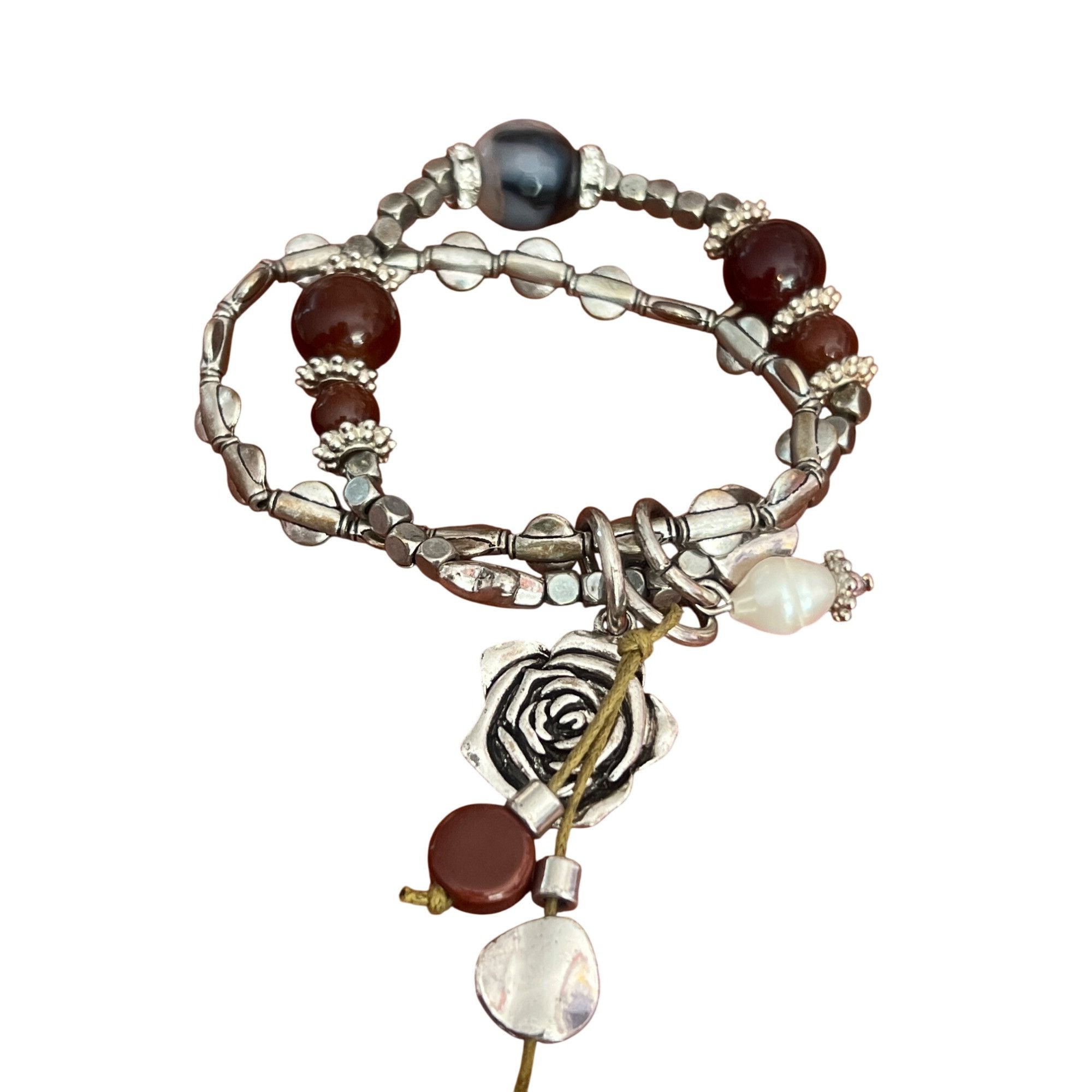 Other 2 Strand Silver Tone Beaded Stretch Bracelet Rose Charm Pear Size ONE SIZE - 1 Thumbnail