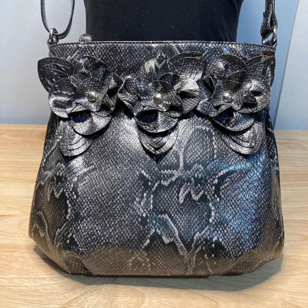 Nicole Miller Nicole Miller, Snakeskin Print Gray Black Vegan Leather, Rosette Accents Womens Size ONE SIZE - 1 Thumbnail