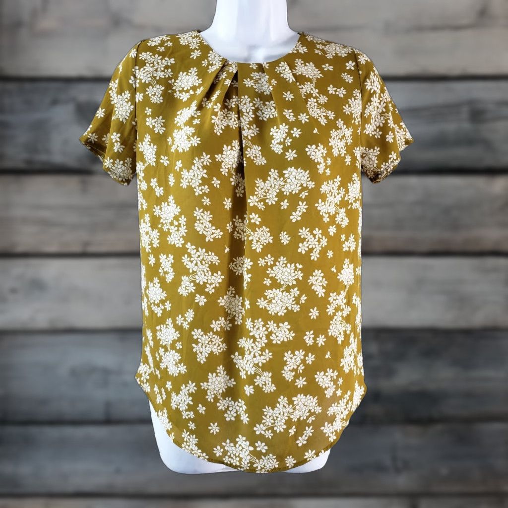 Ann Taylor Ann Taylor LOFT Womens Top 2XS Mustard White Floral Short Sleeve Round Neck Blouse Mens Womens Girls Boys Size XXS / US 00 / IT 34 - 1 Thumbnail